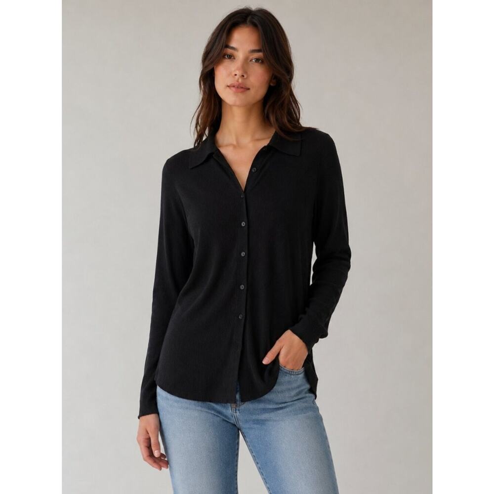 Daily Ritual Black Minimalist Ribbed Knit Button Front Collared Shirt Womens XXL